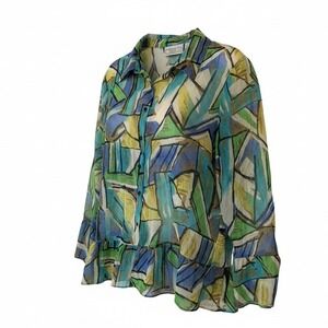 Simonton Says Womens XL Abstract Artsy Peplum Sheer Button Up Shirt Green Yellow